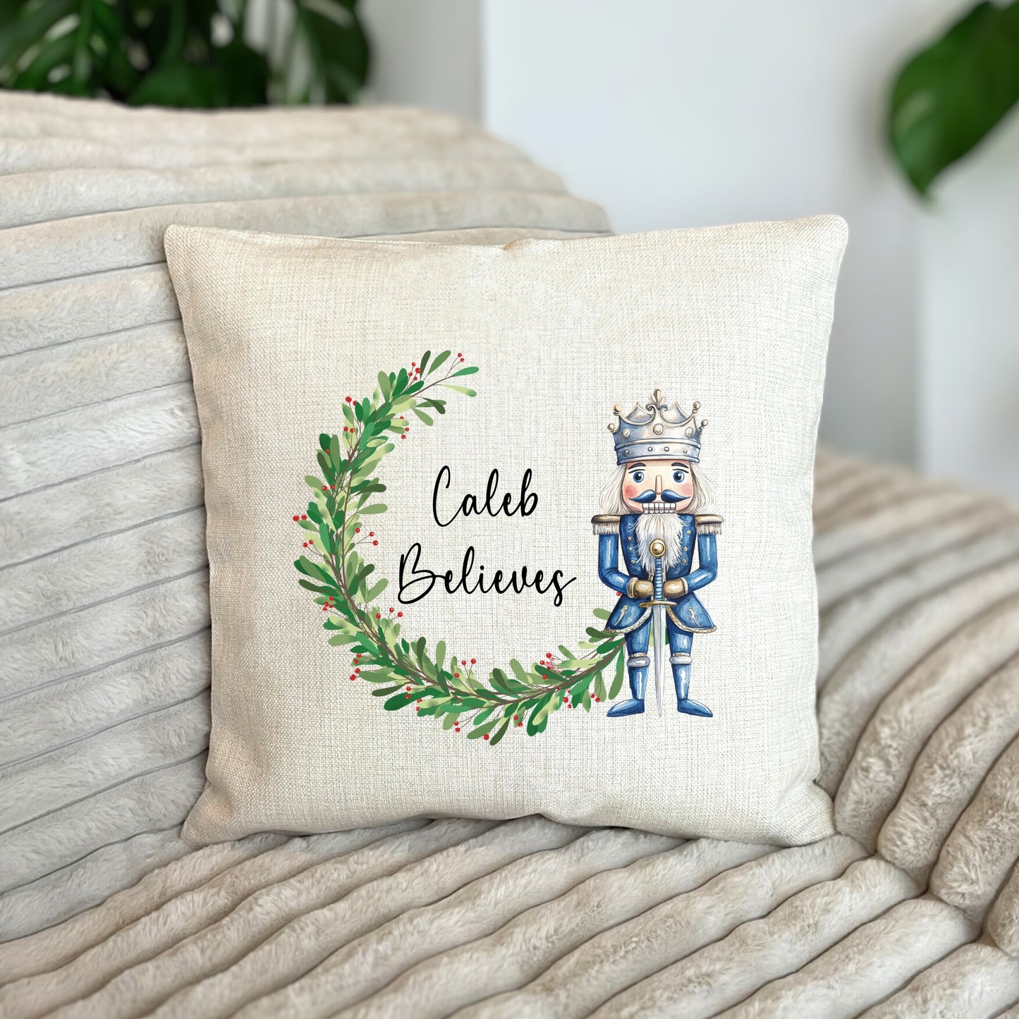 Personalised Childrens Blue Nutcracker Believes Christmas Cushion