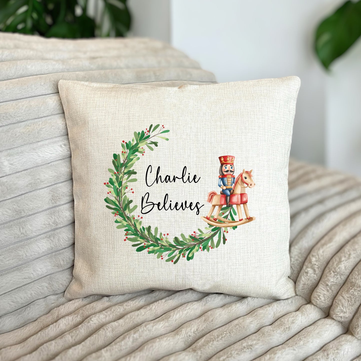 Personalised Childrens Rocking Horse Nutcracker Believes Christmas Cushion