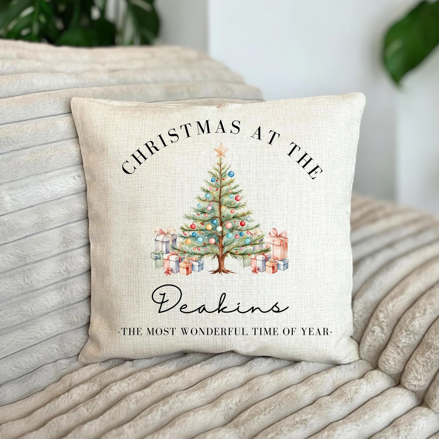 Personalised family name christmas tree cushion