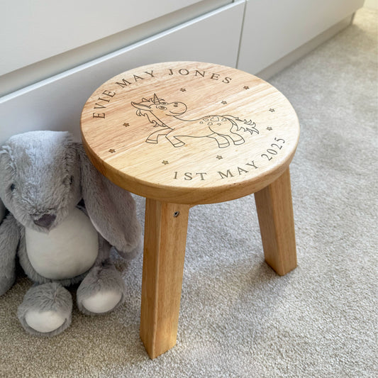 Engraved Childrens Stool Unicorn Design