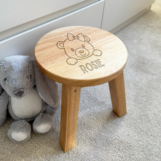 Engraved Childrens Stool Girl Bear Design