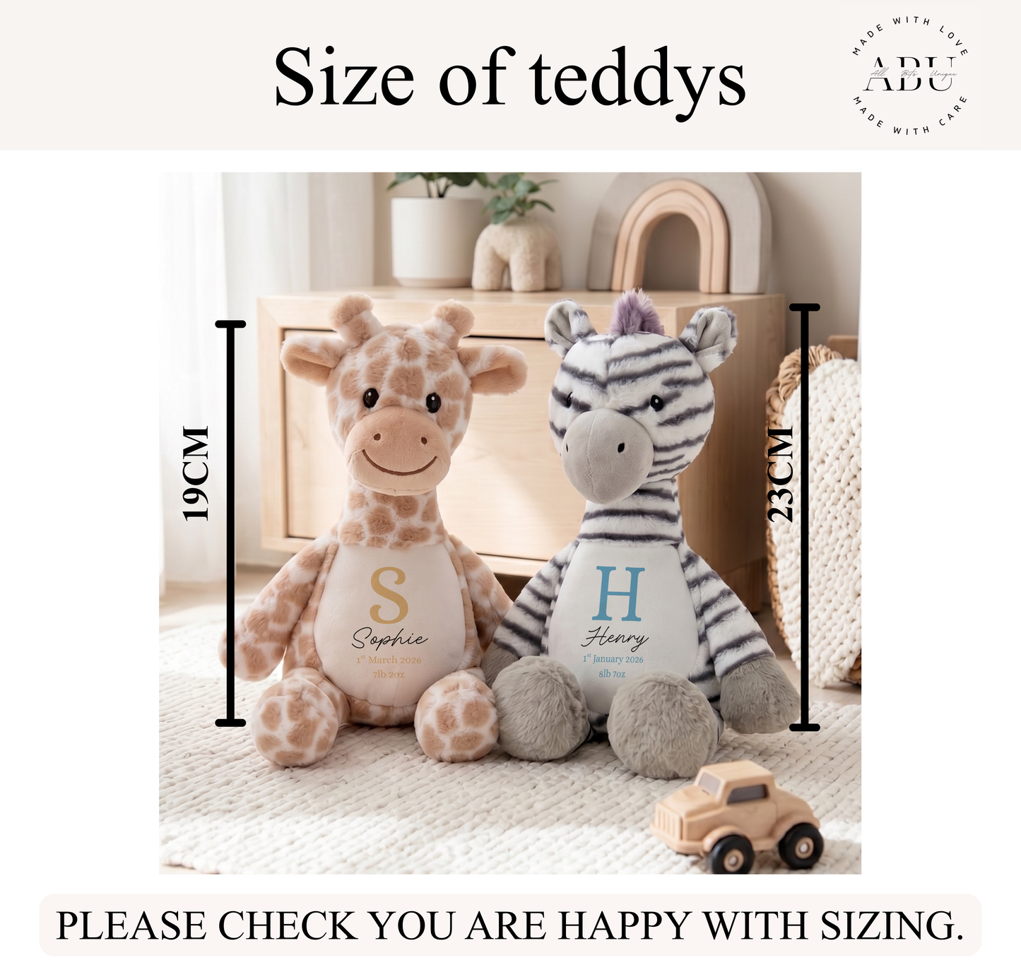 Personalised Baby Birth Teddy Giraffe / Zebra