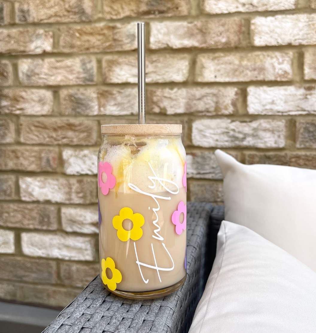 Personalised Retro Floral Can Glass with Bamboo lid and Straw