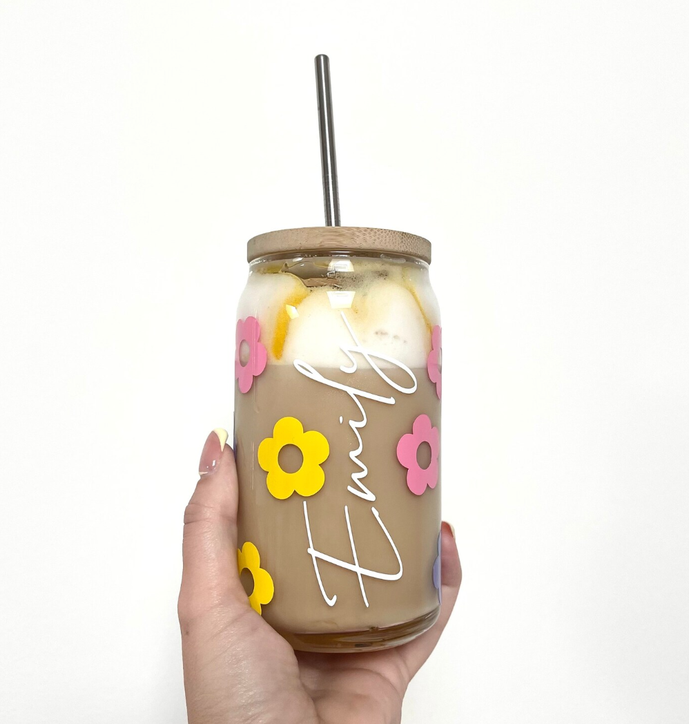 Personalised Retro Floral Can Glass with Bamboo lid and Straw