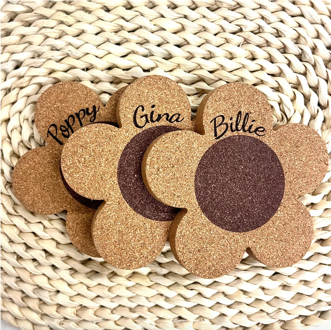 Cork flower coaster engraved with name