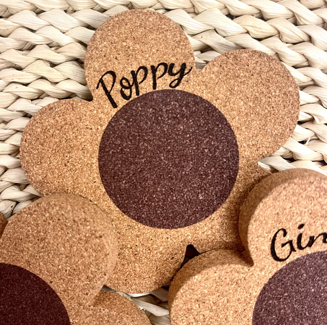 Cork flower coaster engraved with name