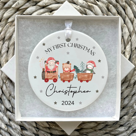 Personalised First Christmas Bauble Santa Train