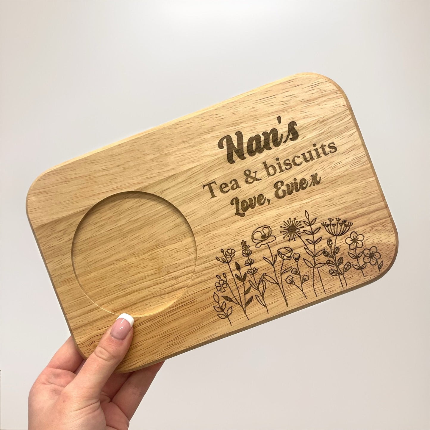 Personalised tea and biscuits board with wildflower design